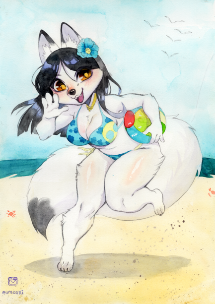 ambient_bird anthro avian ball beach beach_ball bikini bikini_bottom bikini_top bird black_body black_fur black_nose breasts canid canine claws clothing cloud dipstick_tail feet female flower_on_head fox fur hair inflatable inner_ear_fluff jewelry kemono looking_at_viewer mammal multicolored_tail murazaki necklace open_mouth open_smile painting_(artwork) sand seaside signature smile smiling_at_viewer solo standing swimwear toes traditional_media_(artwork) tuft water watercolor_(artwork) waterside waving_at_viewer white_body white_fur yellow_eyes