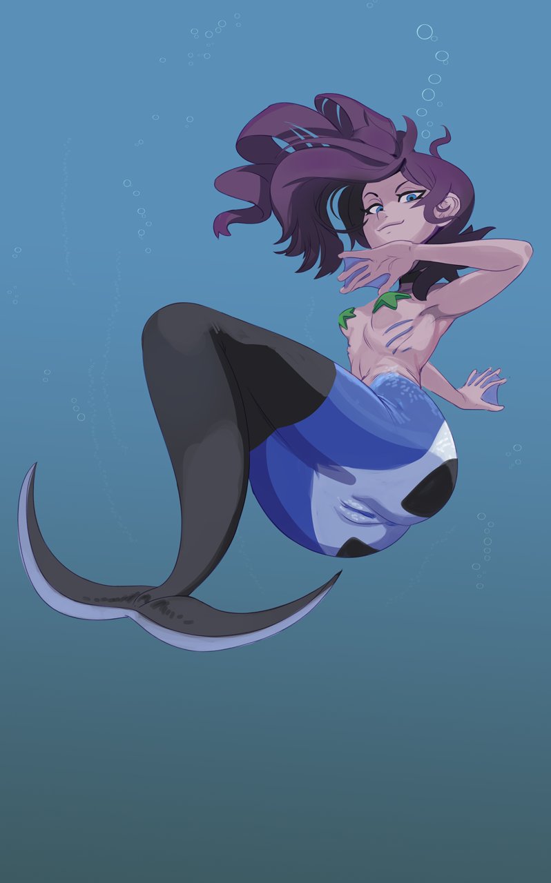 alternate_species big_butt blue_eyes butt female genitals hair hi_res legless long_hair looking_at_viewer marine merfolk polyle purple_hair pussy solo split_form underwater water zone-tan