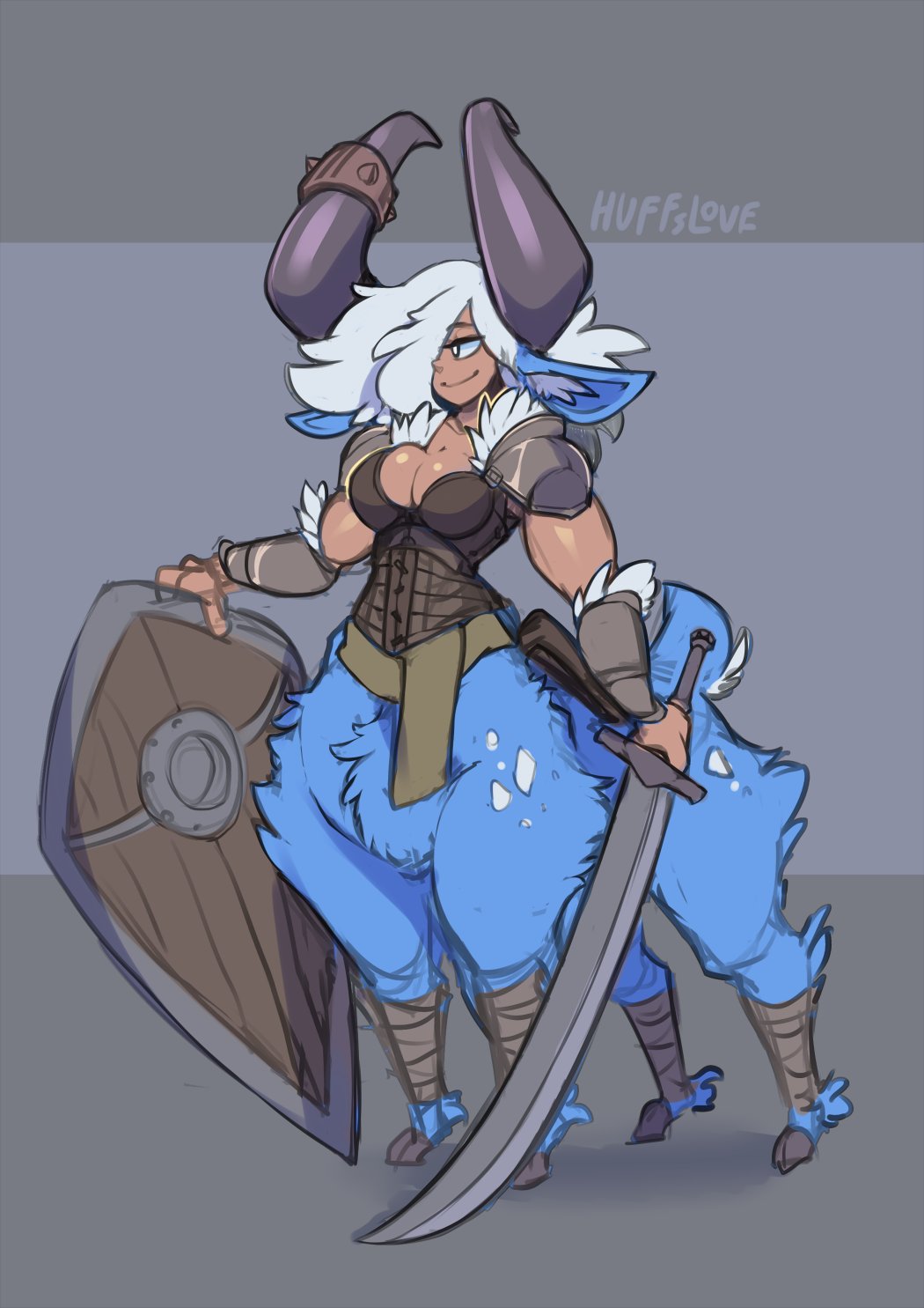 armor big_horn blue_body blue_fur breasts cervid cervid_taur cleavage clothed clothing corset_armor female fur gynomorph_(lore) hair hi_res hooves horn huffslove humanoid_taur inner_ear_fluff leather leather_armor long_ears mammal mammal_taur melee_weapon one_eye_obstructed pauldron saddle shield smile solo sword taur tawnya_(huffslove) tuft vambraces weapon white_hair