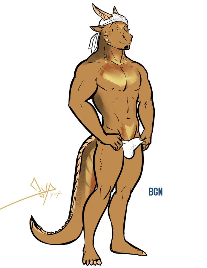 abs anthro bandanna bgn bottomwear bulge clothing dragon gold_dragon hand_on_hip horn kerchief lizard male mostly_nude navel nipples pecs reptile scales scalie smile solo spiked_tail spikes spikes_(anatomy) standing tan_body thong underwear white_clothing white_underwear