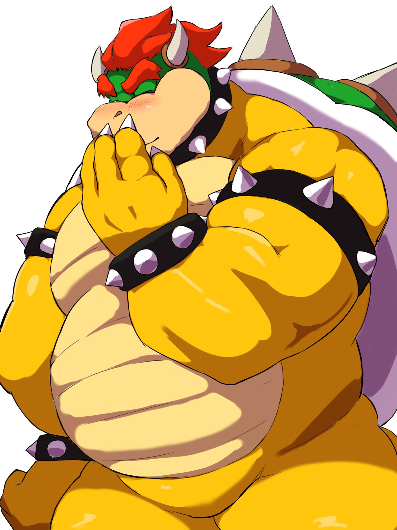 2021 3:4 anthro belly blush bowser eyes_closed hi_res humanoid_hands kemono koopa male mario_bros nintendo overweight overweight_male scalie simple_background solo video_games white_background yoshizaurusu_n