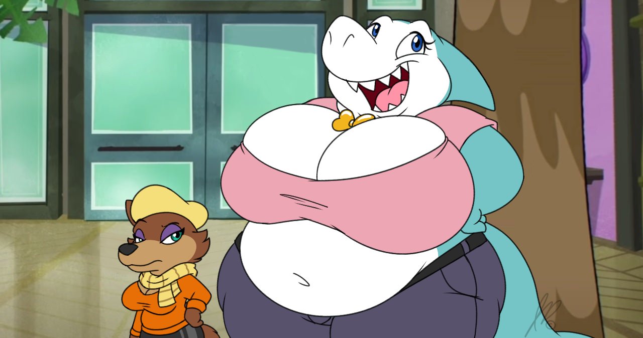 anthro anthrofied big_breasts breast_size_difference breasts canid canine chubby_female duo female fish hand_on_hip hanna-barbera huge_breasts jabberjaw jabberjaw_(character) jellystone_(hbo_max) jouigidragon larger_female loopy_(loopy_de_loop) loopy_de_loop mammal marine overweight overweight_anthro overweight_female shark size_difference slightly_chubby smaller_female