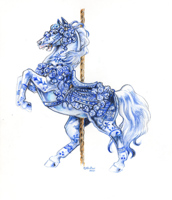 2021 ambiguous_gender amusement_ride blue_body blue_hair carousel carousel_horse carousel_pole delft equid equine feral flower hair halter heather_bruton horse mammal on_hind_legs open_mouth plant saddle simple_background solo tassels white_background white_body white_hair