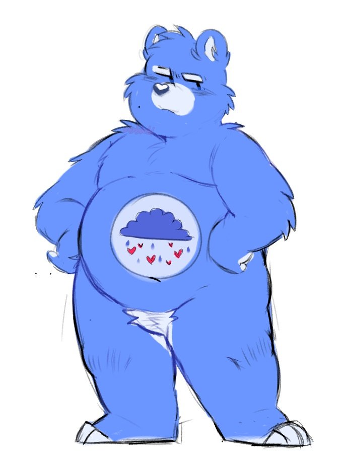 2021 anthro belly blue_body blush care_bears grumpy_bear male mammal overweight overweight_male shyybuchi simple_background solo ursid white_background