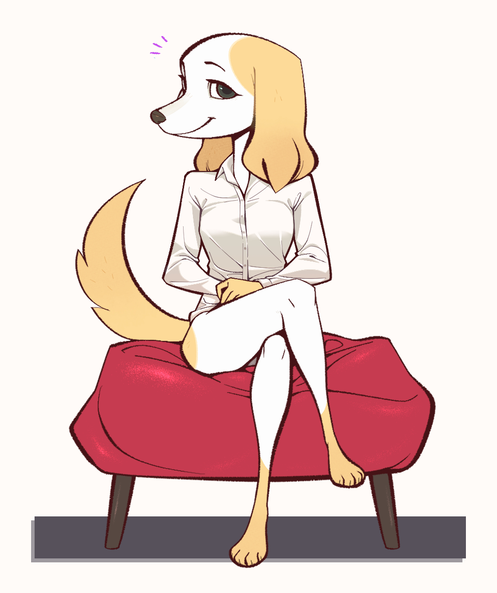 2021 4_toes aggressive_retsuko anthro barefoot borzoi bottomless canid canine canis casual_exposure claws clothed clothing crossed_arms crossed_legs domestic_dog dress_shirt feet female front_view full-length_portrait hi_res hunting_dog inui_(aggressive_retsuko) junyois looking_at_viewer mammal portrait pose sanrio shirt sighthound sitting smile solo toe_claws toes topwear white_clothing white_shirt white_topwear
