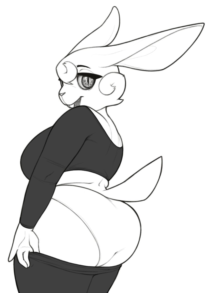 anthro big_butt big_ears black_clothing bottomwear breasts buckteeth butt clothed clothing conditional_dnp curvy_figure eyelashes female hi_res lagomorph legwear leporid long_ears looking_at_viewer love_handles mammal open_mouth panties pants presenting presenting_hindquarters rabbit shirt side_boob slightly_chubby smile solo standing teeth thick_eyelashes thick_thighs tight_clothing tights topwear underwear undressing voluptuous white_panties wide_hips xopachi