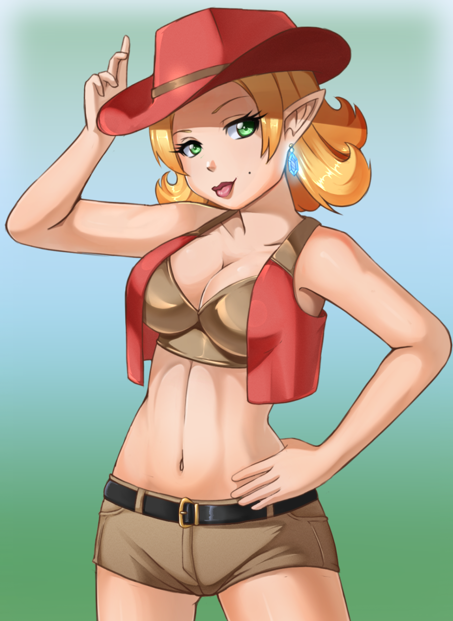 a_link_between_worlds beauty_mark belt blonde_hair breasts cleavage clothed clothing ear_piercing elf female gradient_background green_eyes hair hand_on_hip hat headgear headwear hi_res humanoid humanoid_pointy_ears hylian lips navel nintendo not_furry piercing pink_lips razorkun red_clothing red_hat red_headwear rupee_rush_gal short_pants simple_background slim slim_figure smile solo the_legend_of_zelda video_games