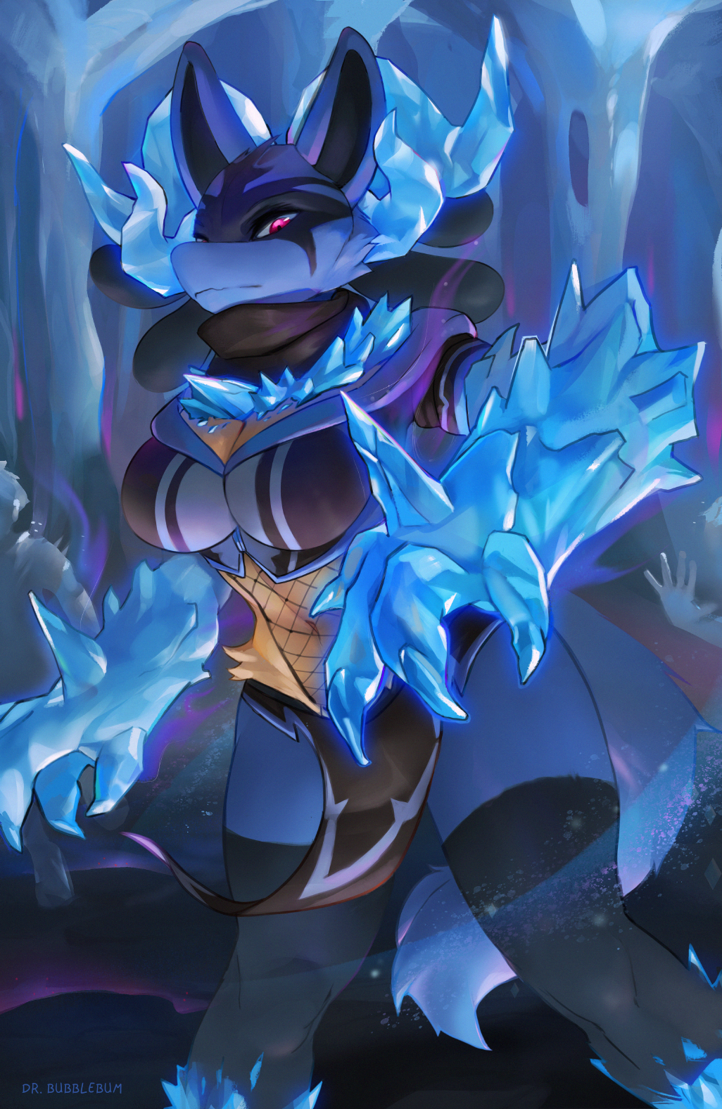 4_horns aura breasts claws clothed clothing demon digital_media_(artwork) dr.bubblebum female fishnet hi_res horn ice looking_at_viewer lucario magic multi_horn nintendo pok&eacute;mon pok&eacute;mon_(species) scarf shaded solo video_games