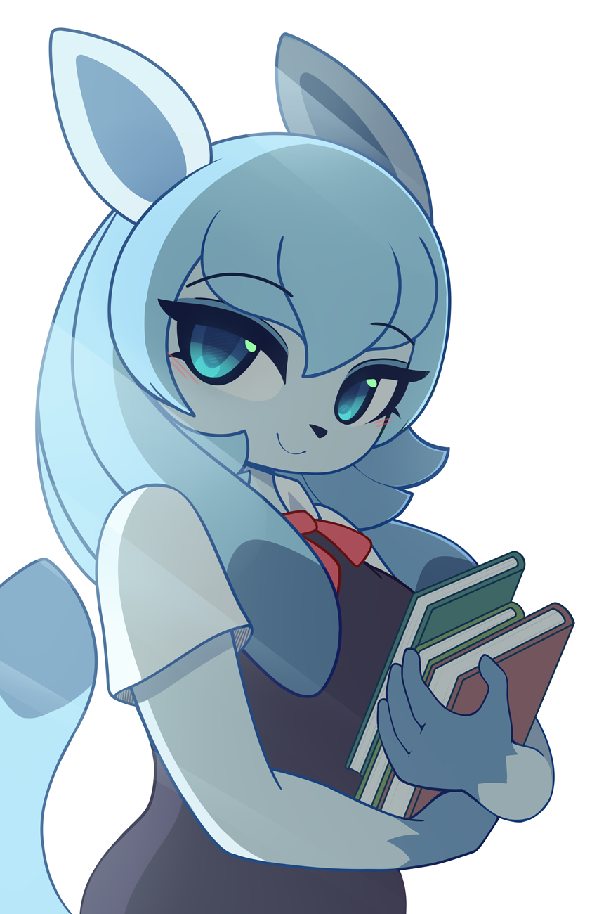 2021 anthro black_nose blue_body blue_ears blue_eyes blue_fur blue_hair blue_tail blush blush_lines book clothed clothing digital_media_(artwork) eeveelution female fur glaceon hair hi_res holding_book holding_object looking_at_viewer nintendo pinkcappachino pok&eacute;mon pok&eacute;mon_(species) pok&eacute;morph school_uniform simple_background smile solo uniform video_games white_background