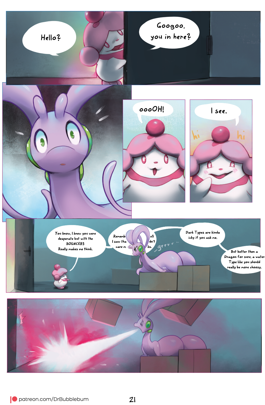 angry blush comic dialogue digital_media_(artwork) dr.bubblebum english_text feral goodra green_eyes hi_res inside laugh nintendo nude open_mouth pok&eacute;mon pok&eacute;mon_(species) pok&eacute;mon_move shaded slurpuff smile surprised_expression text url video_games