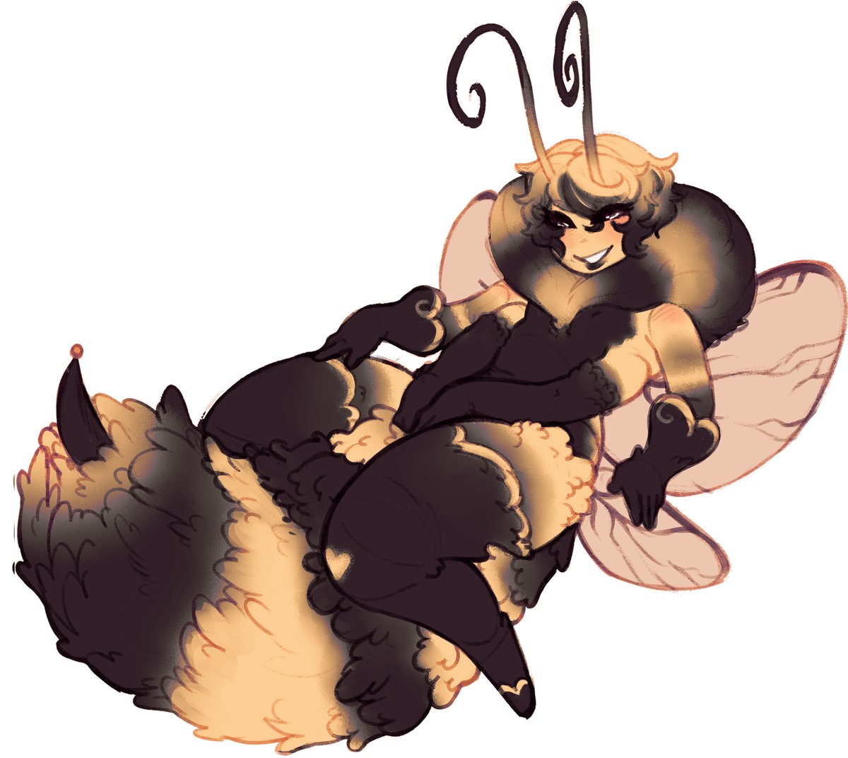 &lt;3 4_arms ambiguous_gender animal_humanoid antennae_(anatomy) arthropod arthropod_abdomen arthropod_humanoid bee_humanoid black_body black_fur blush coffuu fur hair humanoid hymenopteran hymenopteran_humanoid insect insect_humanoid lying multi_arm multi_limb multicolored_body multicolored_fur neck_tuft on_back smile solo stinger tuft two_tone_body two_tone_fur wings yellow_body yellow_fur