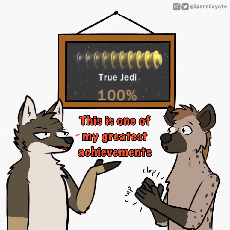 1:1 2020 4_fingers anthro black_eyes brown_body brown_fur canid canine canis clapping coyote dialogue duo english_text fingers fur humor hyaenid lego mammal simple_background spare_(sparecoyote) sparecoyote standing star_wars text white_background