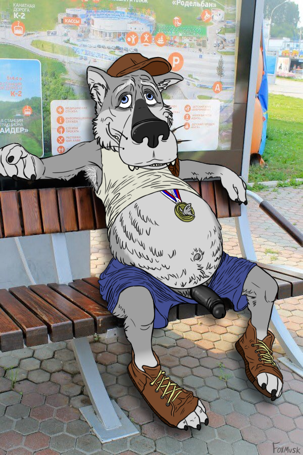 2:3 anthro armpit_hair belly big_belly blue_eyes body_hair bus_stop canid canine canis chubby_male clothing exhibitionism flaccid flashing footwear foxmusk genitals male mammal mature_male medal navel overweight penis public shoes slightly_chubby solo wolf
