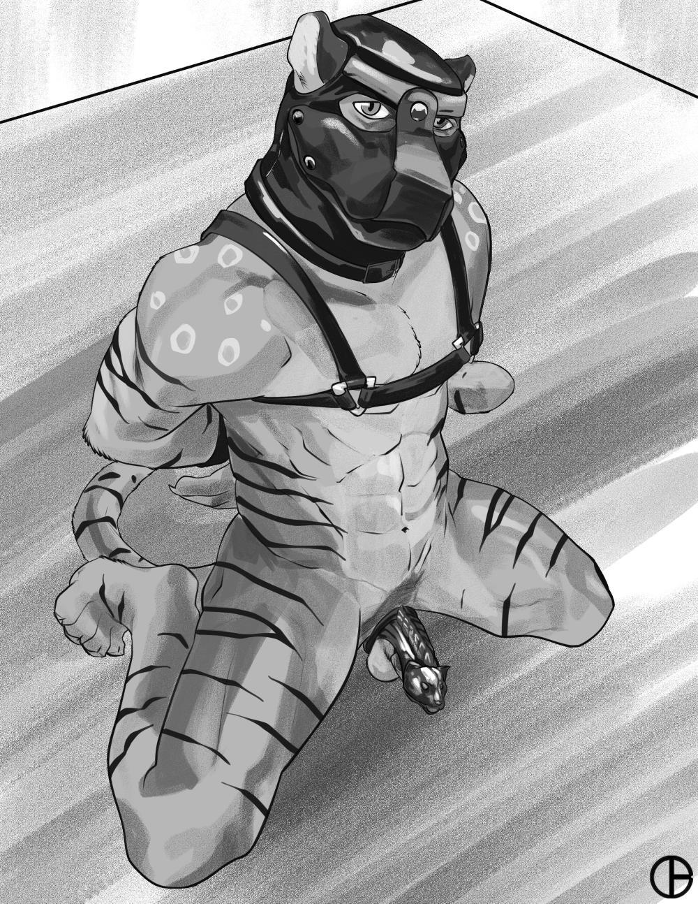 animal_mask anthro balls black_and_white chastity_cage chastity_device dbruin felid fur gear genitals harness hi_res hybrid kneeling kogenta_frost looking_at_viewer male mammal mask monochrome muscular muscular_male nude pantherine penis pup_mask signature solo spots spotted_body spotted_fur striped_body striped_fur stripes stylized_chastity_cage tiger