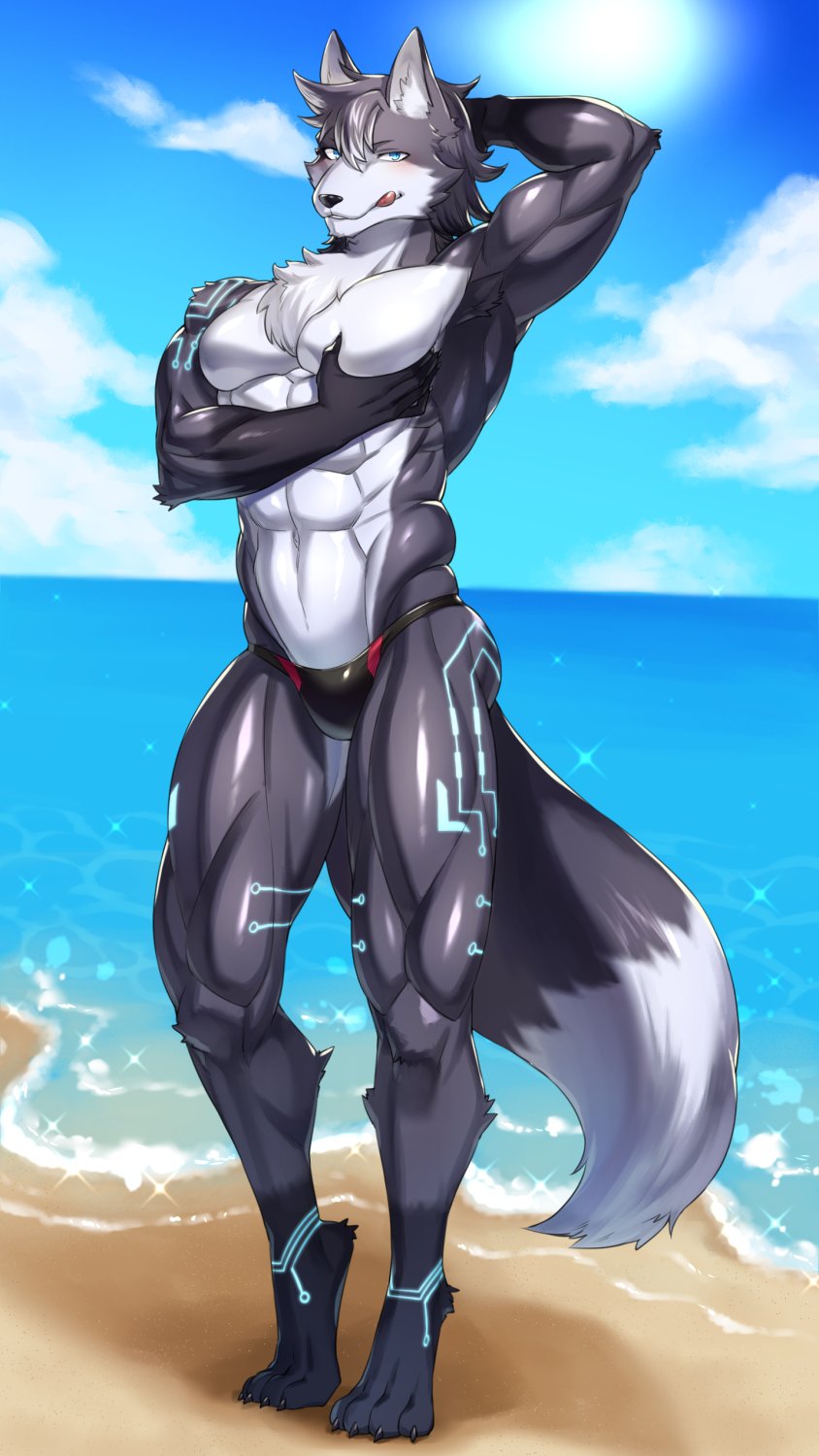 2021 aaassstaro abs anthro armpit_hair beach black_body black_fur blush body_hair canid canine canis chest_tuft clothing digital_drawing_(artwork) digital_media_(artwork) dipstick_tail fur grey_body grey_fur grey_hair hair hi_res licking licking_lips looking_at_viewer male mammal markings multicolored_body multicolored_fur multicolored_tail muscular muscular_anthro muscular_male outside pec_grab pec_grasp pecs sea seaside sky solo swimwear tongue tongue_out tuft water white_body white_fur wolf