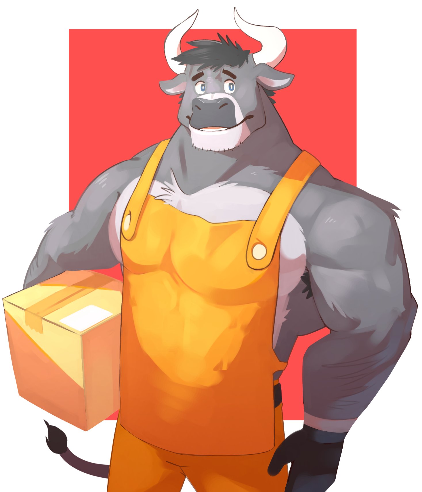 2021 anthro armpit_hair biceps body_hair bovid bovine cilok clothing facial_hair fur gloves hair handwear hi_res horn male mammal muscular muscular_anthro muscular_male overalls pecs simple_background solo