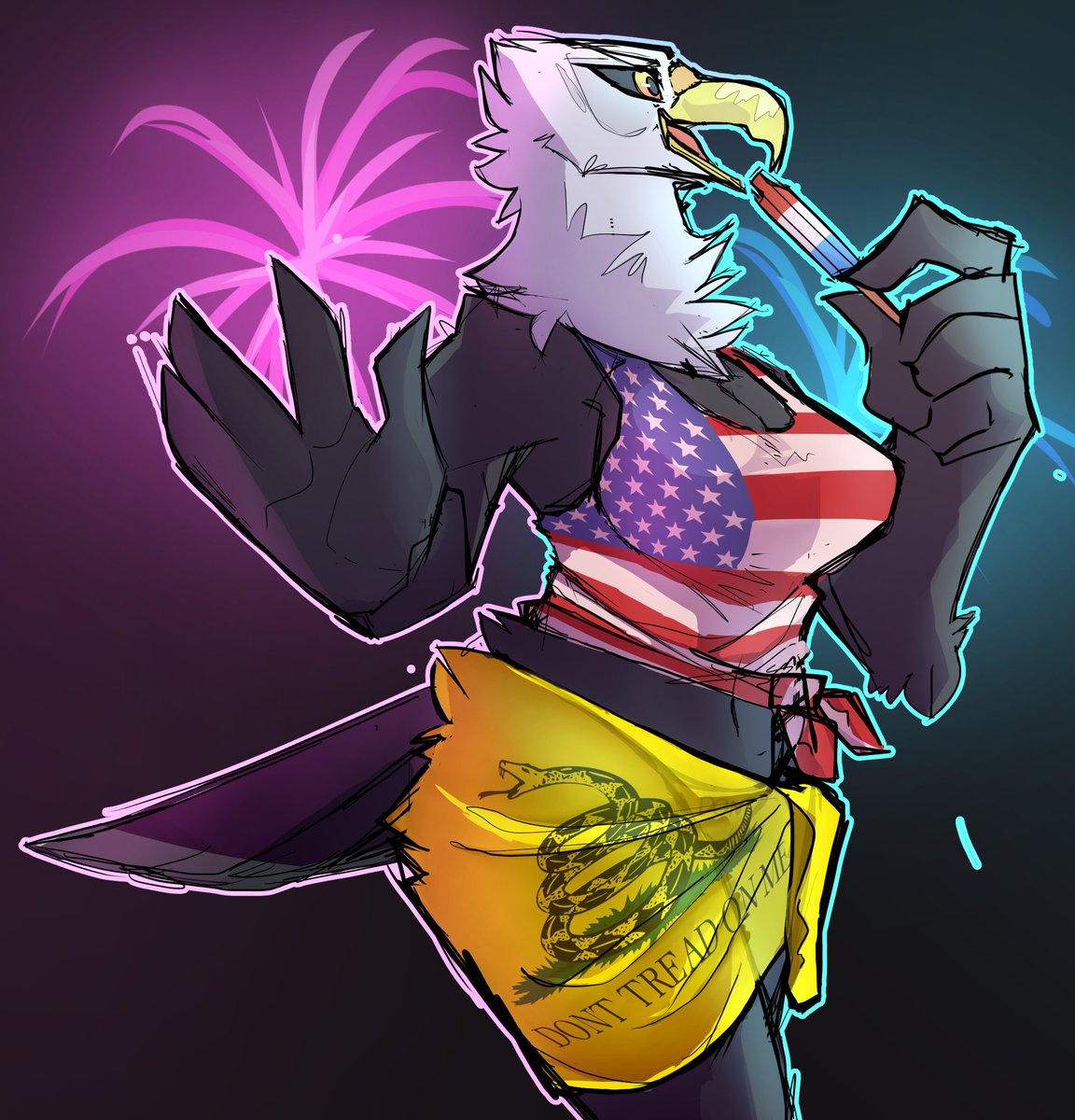 2021 4th_of_july 5_fingers accipitrid accipitriform anthro avian bald_eagle beak biped bird black_body black_eyebrows black_eyelashes black_feathers black_sclera bottomwear breasts cleavage clothed clothing curvy_figure digital_media_(artwork) doughtea eagle english_text eyebrows feathers female fingers fireworks food fully_clothed gadsden_flag hi_res holding_food holding_object hourglass_figure multicolored_body multicolored_feathers non-mammal_breasts open_beak open_mouth popsicle sea_eagle shaded side_view skimpy solo stars_and_stripes tail_feathers text text_on_bottomwear text_on_clothing thick_thighs topwear two_tone_body two_tone_feathers united_states_of_america white_body white_feathers wide_hips yellow_beak yellow_eyes
