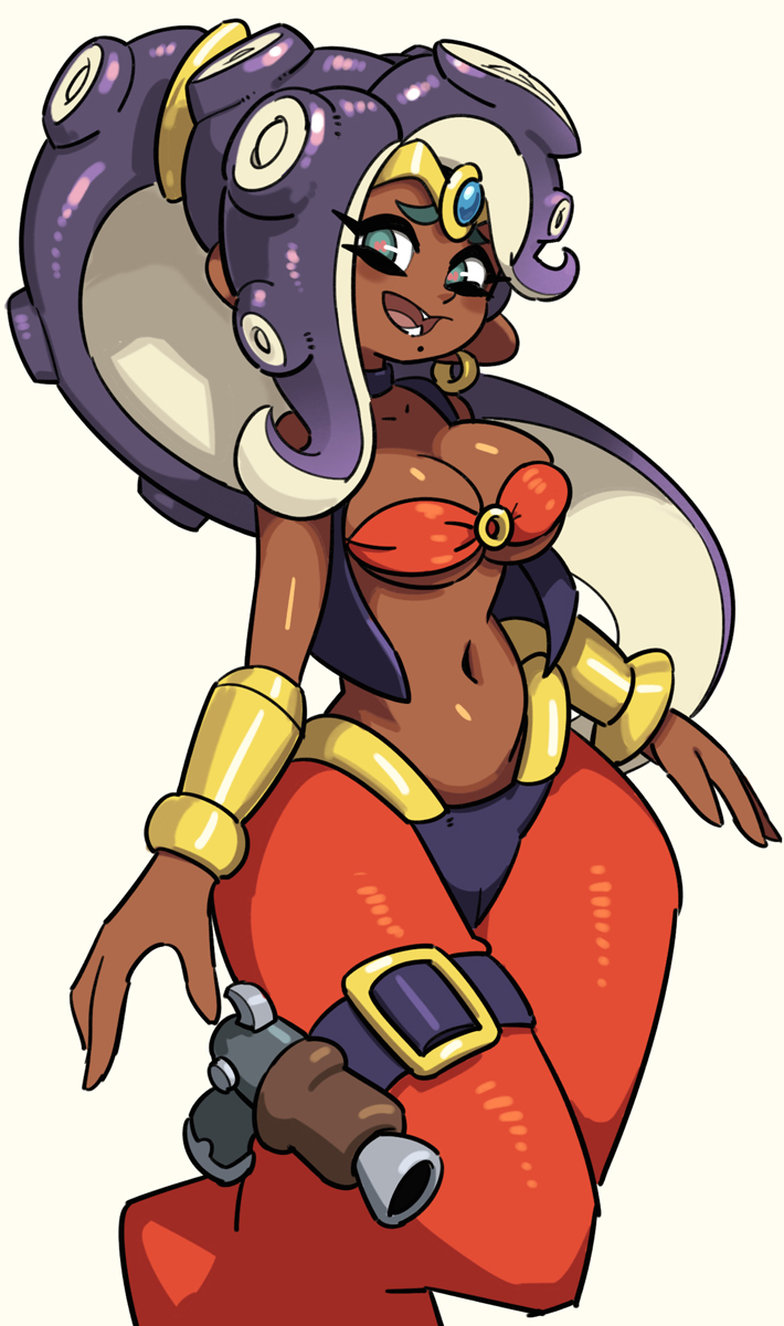 animal_humanoid big_breasts breasts brown_body brown_skin cephalopod choker cleavage clothed clothing cosplay crossover crossover_cosplay ear_piercing ear_ring female green_eyes gun handgun hi_res humanoid jewelry looking_at_viewer marina_(splatoon) marine midriff mollusk navel necklace nintendo octarian octoling piercing pistol pseudo_hair ranged_weapon shantae shantae_(series) simple_background solo splatoon tentacle_hair tentacles topwear tube_top video_games wayforward weapon white_background wide_hips yuta_agc