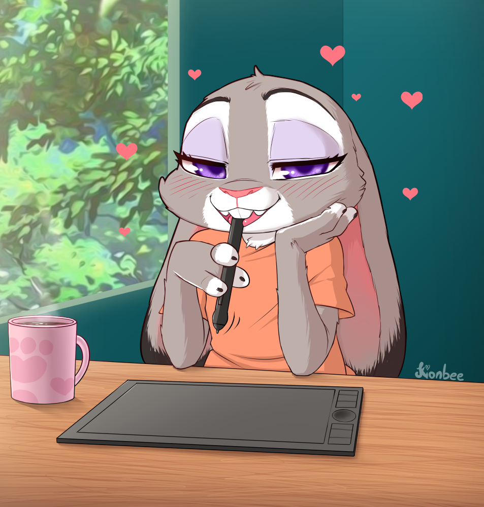 anthro beverage blush clothing coffee coffee_mug disney drawing_tablet eyeshadow female floating_hearts fur grey_body grey_fur judy_hopps kionbee lagomorph leporid makeup mammal open_mouth orange_clothing orange_shirt orange_topwear pink_nose plant purple_eyes rabbit shirt simple_background solo teal_background topwear tree window zootopia