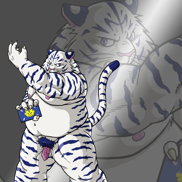 1:1 anthro balls belly blue_body blue_fur edit felid fur genitals humanoid_hands kemono male mammal mind_drive mizuse_higomaru moobs navel nipples overweight overweight_anthro overweight_male pantherine penis solo tiger uncensored white_body white_fur