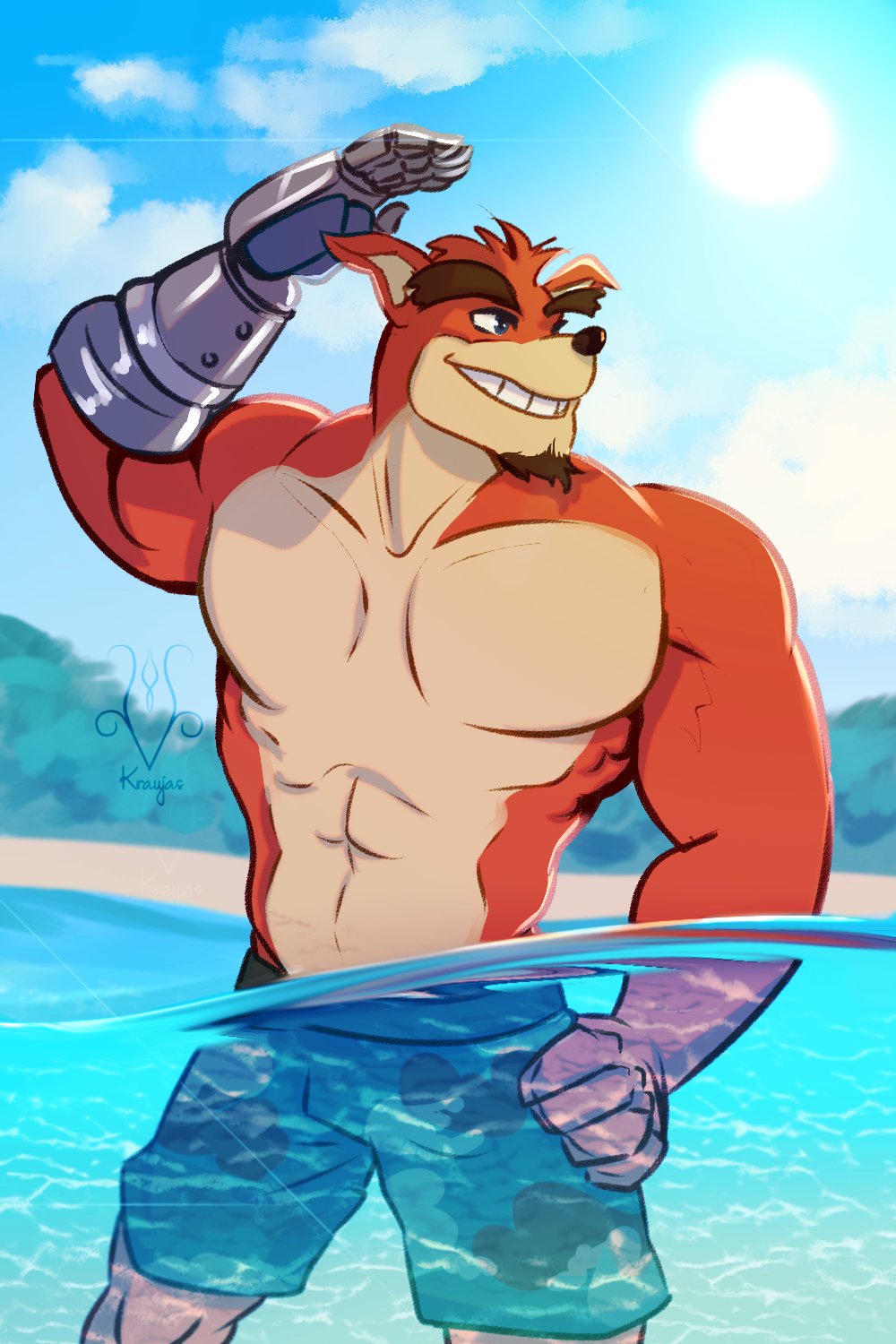 2:3 activision anthro bandicoot beach biped blue_eyes blue_sky clothed clothing crash_bandicoot_(series) crunch_bandicoot facial_hair fur goatee grin hand_on_hip hi_res kraujas male mammal marsupial muscular muscular_anthro muscular_male partially_submerged prosthetic prosthetic_arm prosthetic_limb red_body red_fur seaside sky smile solo sun swimming_trunks swimwear topless video_games water