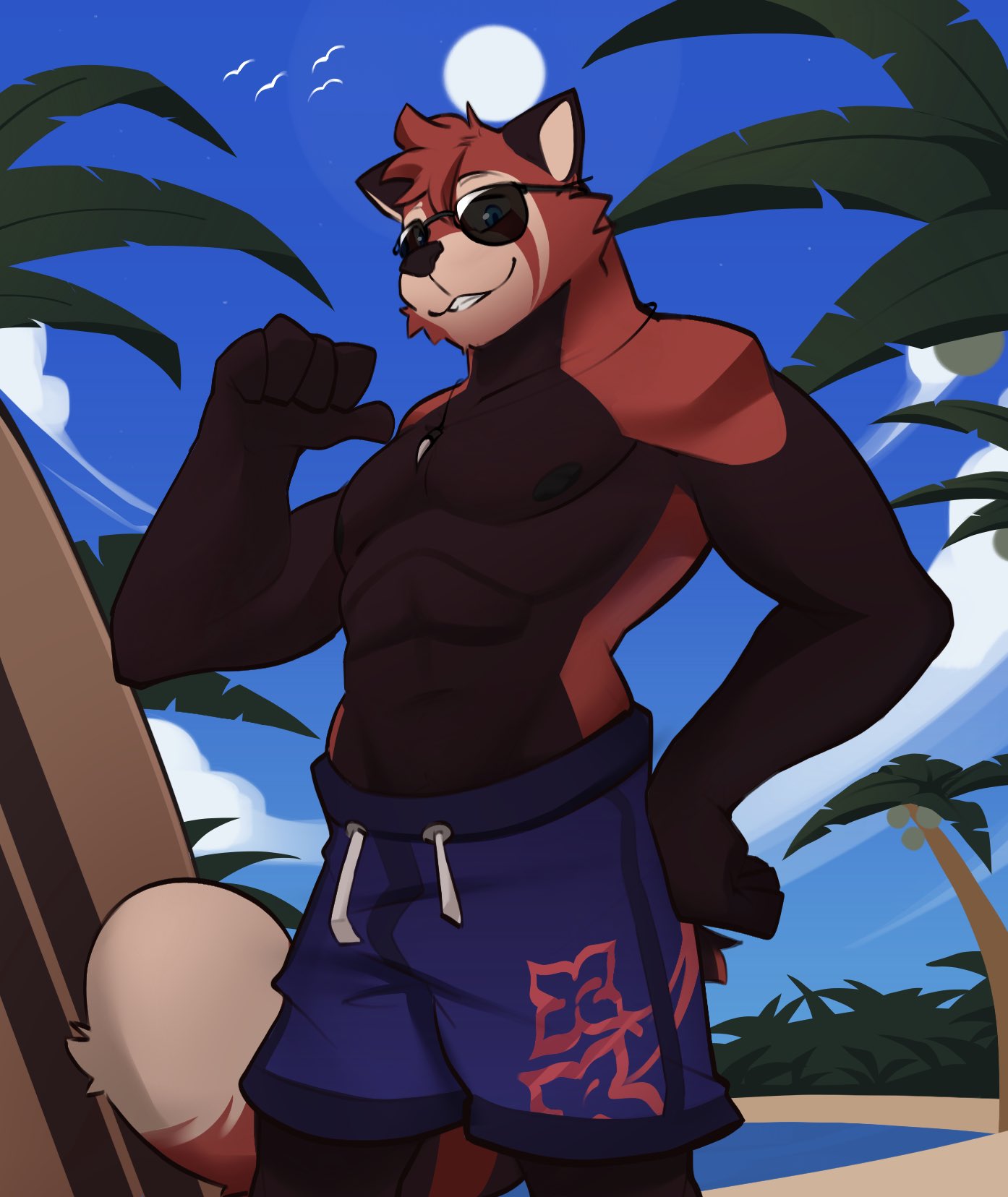 2021 abs ailurid anthro beach clothing day eyewear fur hand_on_hip head_tuft hi_res jewelry male mammal muscular muscular_anthro muscular_male necklace nipples outside palm_tree pecs plant red_panda rygel_spkb seaside smile solo standing sunglasses swimming_trunks swimwear tree tuft water