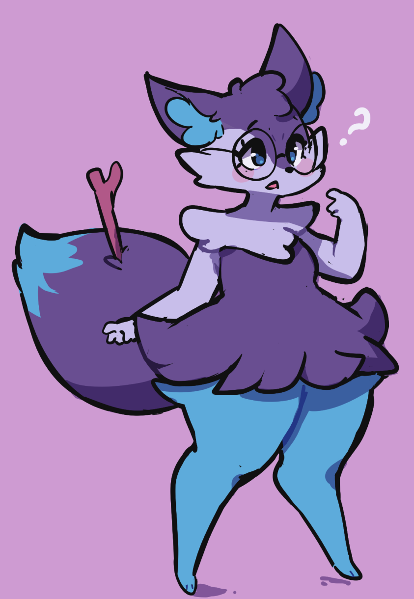 2021 ? anthro blue_body blush braixen canid eerieviolet eyewear female glasses hi_res inner_ear_fluff mammal nintendo open_mouth pink_background pok&eacute;mon pok&eacute;mon_(species) purple_body purple_eyes simple_background solo standing stick tuft video_games