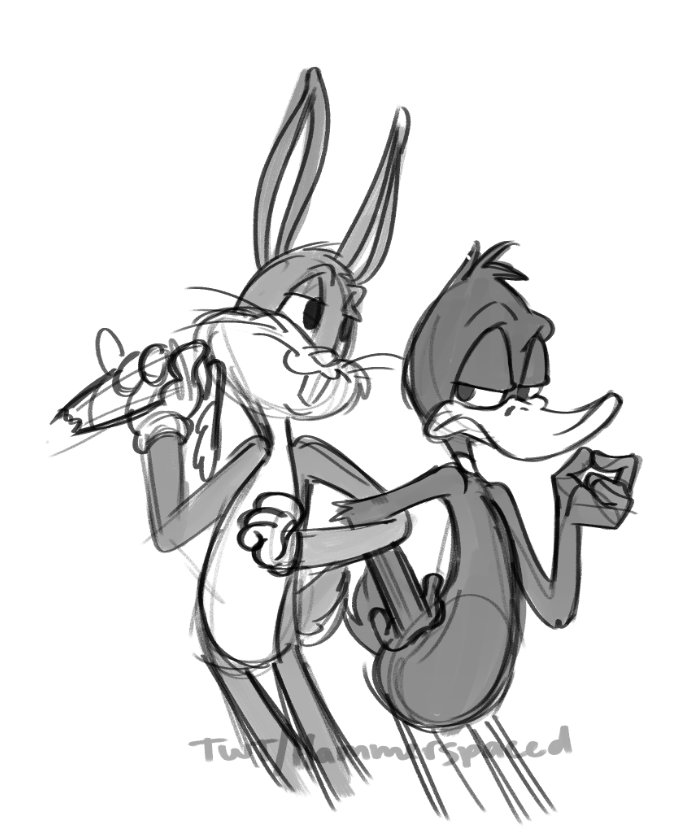 2021 4_fingers anatid anseriform anthro avian beak bird buckteeth bugs_bunny carrot daffy_duck duck duo fingers food half-closed_eyes hammerspaced holding_food holding_object looney_tunes male monochrome narrowed_eyes plant sketch small_tail smile teeth vegetable warner_brothers whiskers