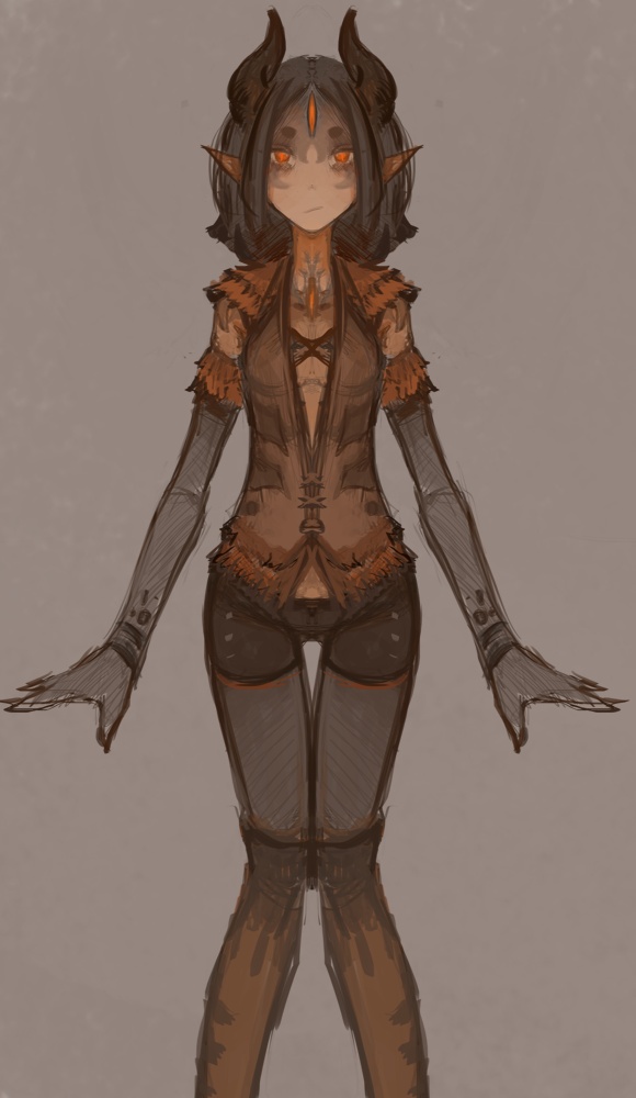 armwear black_hair bra breasts circle_eyebrows clothing demon demon_humanoid elbow_gloves eyebrows female forehead_mark gloves hair handwear horn humanoid humanoid_pointy_ears looking_at_viewer markings not_furry orange_eyes simple_background small_breasts solo standing syvaron thick_thighs thigh_gap topwear underwear vest