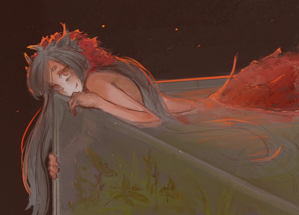 circle_eyebrows clothed clothing eyebrows female grey_hair hair horn humanoid legless long_hair looking_at_viewer marine merfolk partially_submerged plant red_eyes split_form syvaron topless wet_hair