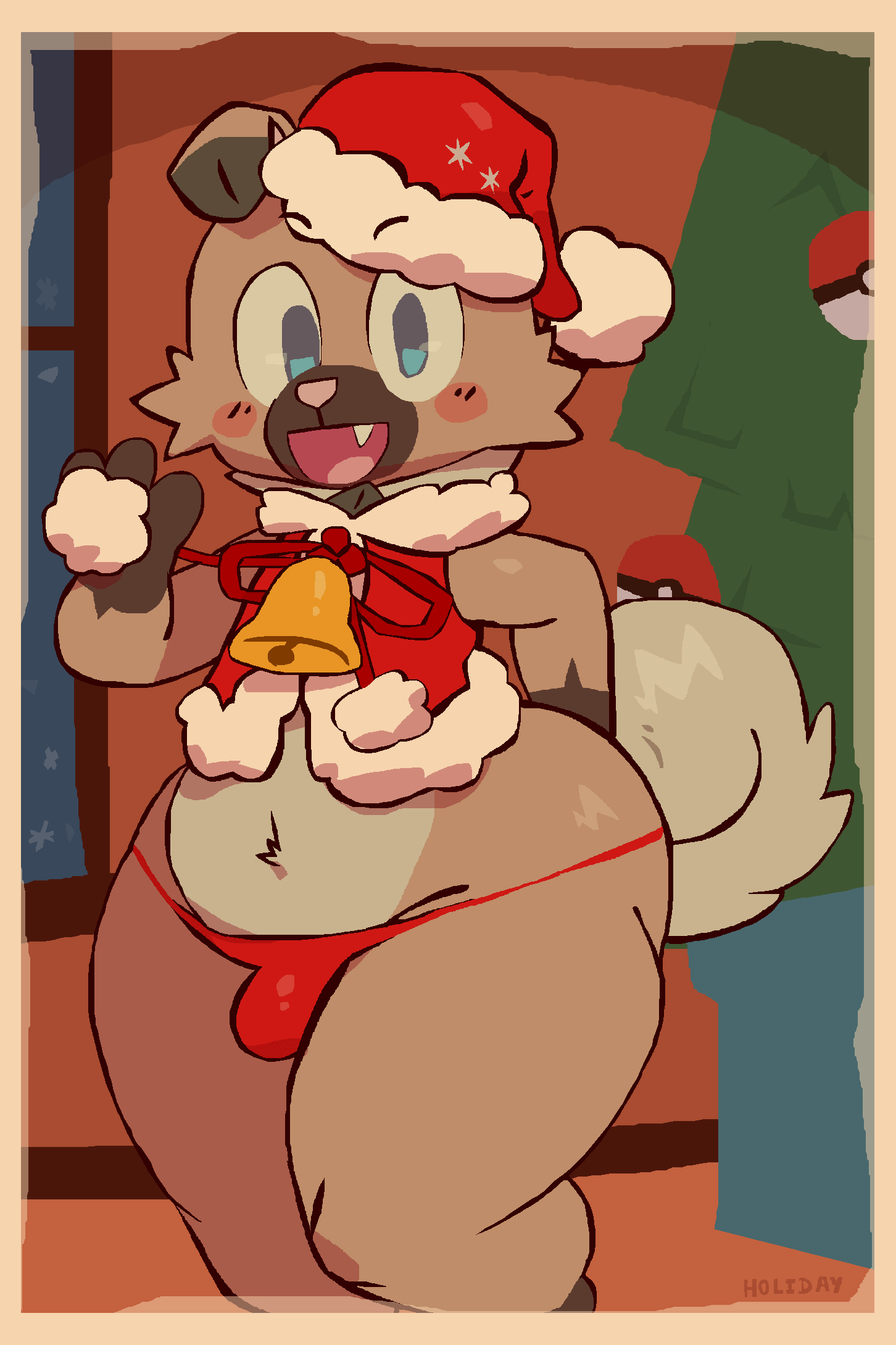 anthro bell belly blue_eyes blush border canid canine canis christmas christmas_clothing clothing curvy_figure cute_fangs floppy_ears girly hat headgear headwear hi_res holidaydipstick holidays male mammal navel nintendo open_mouth orange_border pink_nose pok&eacute;ball pok&eacute;mon pok&eacute;mon_(species) rockruff solo standing thick_thighs thong topwear underwear vest video_games voluptuous wide_hips
