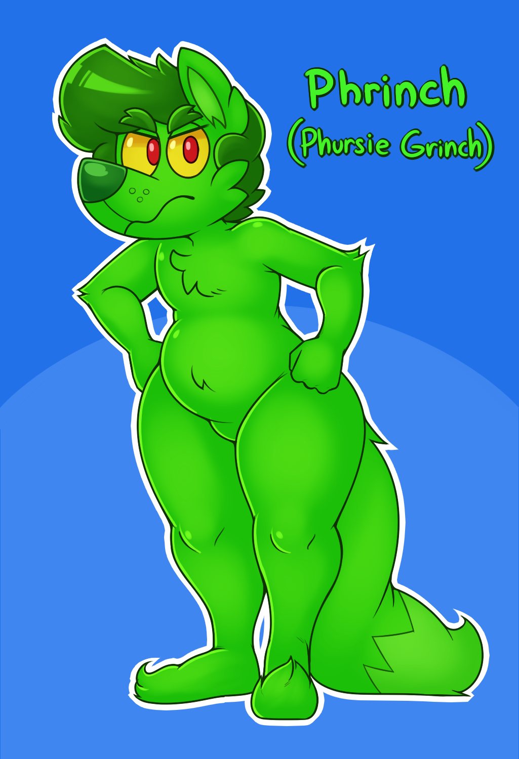 2018 acstlu angry anthro biped canid canine chest_tuft christmas digital_media_(artwork) english_text fluffy fluffy_tail fox fur green_body green_fur grinch hi_res holidays how_the_grinch_stole_christmas! looking_at_viewer mammal muzzle_scabs outline phurcy pouting red_eyes simple_background standing text thick_thighs tuft white_outline yellow_sclera