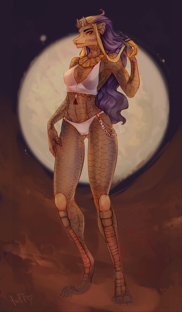 2019 anthro breasts chain clothed clothing dark_hair digital_media_(artwork) egyptian_clothing female hi_res horn kristiana_puff looking_at_viewer midriff moon navel non-mammal_breasts red_eyes scales scalie smile solo standing underwear