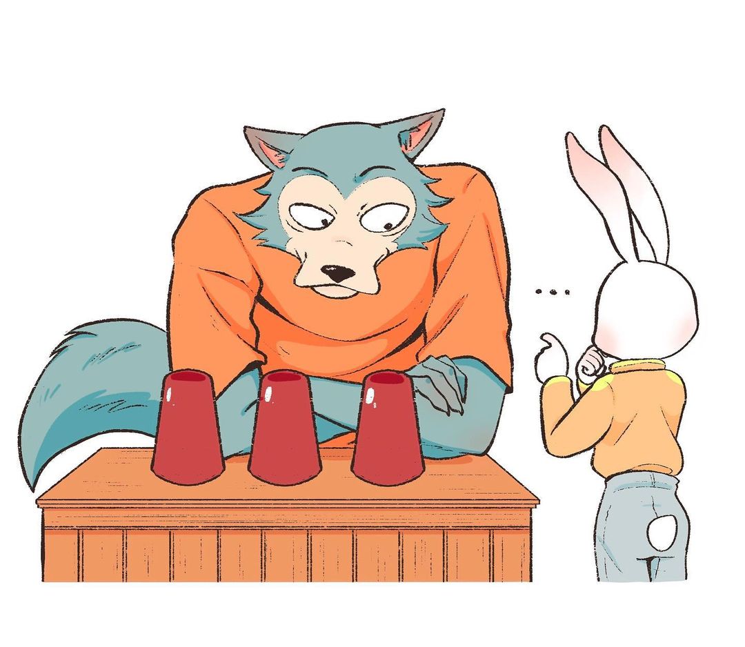 ... anthro beastars canid canine canis clothed clothing comic crossed_arms cup digital_media_(artwork) duo eden_fries fully_clothed fur haru_(beastars) lagomorph legoshi_(beastars) leporid mammal rabbit simple_background white_background white_body white_fur wolf
