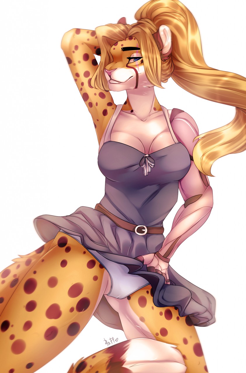 2019 anthro black_spots blonde_hair blue_eyes breasts camel_toe cheetah clothed clothing countershading cybernetic_arm cybernetic_limb digital_media_(artwork) dress eyebrows eyelashes felid feline female hair hand_behind_head hand_on_hip hi_res kristiana_puff looking_at_viewer mammal panties ponytail scar simple_background smile solo spots sydea underwear upskirt white_background