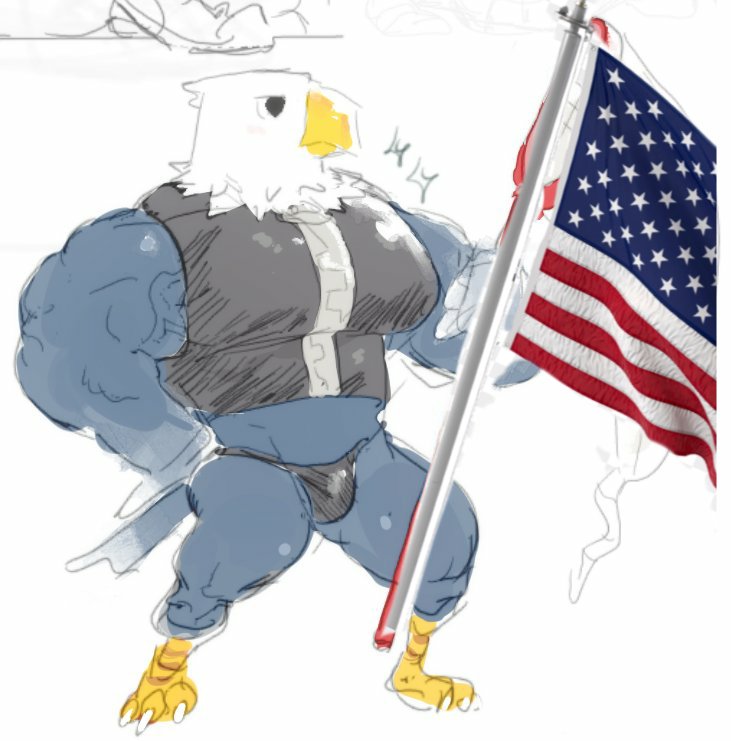 2021 4_toes accipitrid accipitriform animal_crossing anisodactyl anthro apollo_(animal_crossing) avian bald_eagle beak big_biceps big_muscles big_pecs biped bird bird_feet black_clothing black_eyes black_topwear black_vest bottomwear bulge claws clothed clothing colored_sketch digital_media_(artwork) digitigrade eagle feathers feet flag front_view fully_clothed grey_body grey_feathers holding_flag holding_object jockstrap male multicolored_body multicolored_feathers muscular muscular_anthro muscular_male nintendo pecs scutes sea_eagle shaded skimpy solo stars_and_stripes tail_feathers talons toe_claws toes topwear tora_gy two_tone_body two_tone_feathers underwear united_states_of_america video_games white_body white_claws white_feathers yellow_beak zipper