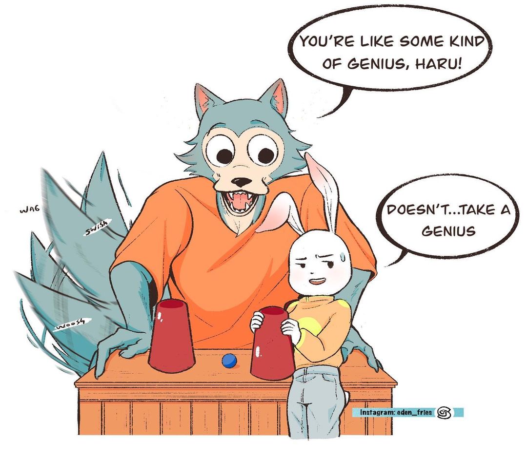 ... anthro beastars canid canine canis clothed clothing comic dialogue digital_media_(artwork) duo eden_fries english_text fully_clothed fur haru_(beastars) holding_object lagomorph legoshi_(beastars) leporid mammal rabbit simple_background speech_bubble text white_background wolf