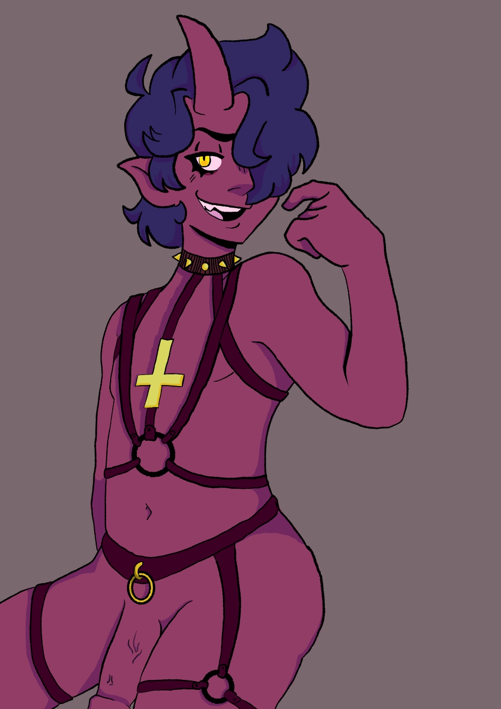 ambiguous_gender clothed clothed/nude clothing collar demon demon_humanoid digital_drawing_(artwork) digital_media_(artwork) drix_(thatonegaykid) hair hi_res horn horned_humanoid human humanoid lingerie male mammal nude purple_hair red_body red_skin shaded solo thatonegaykid yellow_eyes