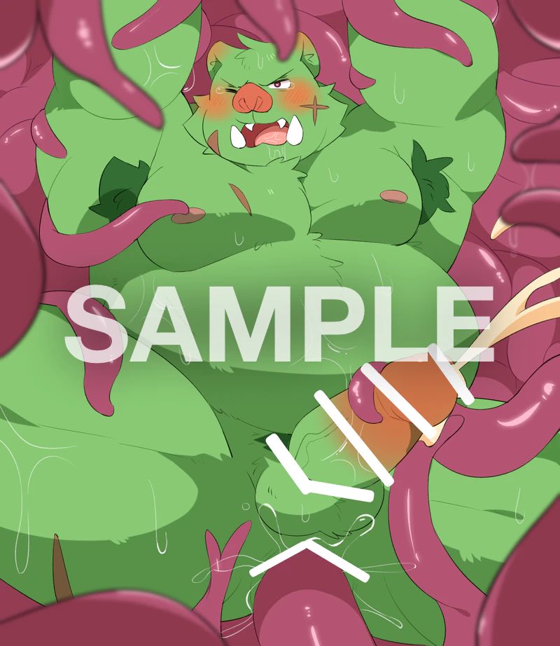 0119_muu 2021 anal anal_penetration anthro armpit_hair balls belly big_belly blush bodily_fluids body_hair censored cum distracting_watermark ejaculation erection genital_fluids genitals green_body humanoid_genitalia humanoid_penis kemono male mammal moobs nipples overweight overweight_male penetration penis sample scar solo suid suina sus_(pig) tentacles watermark wild_boar