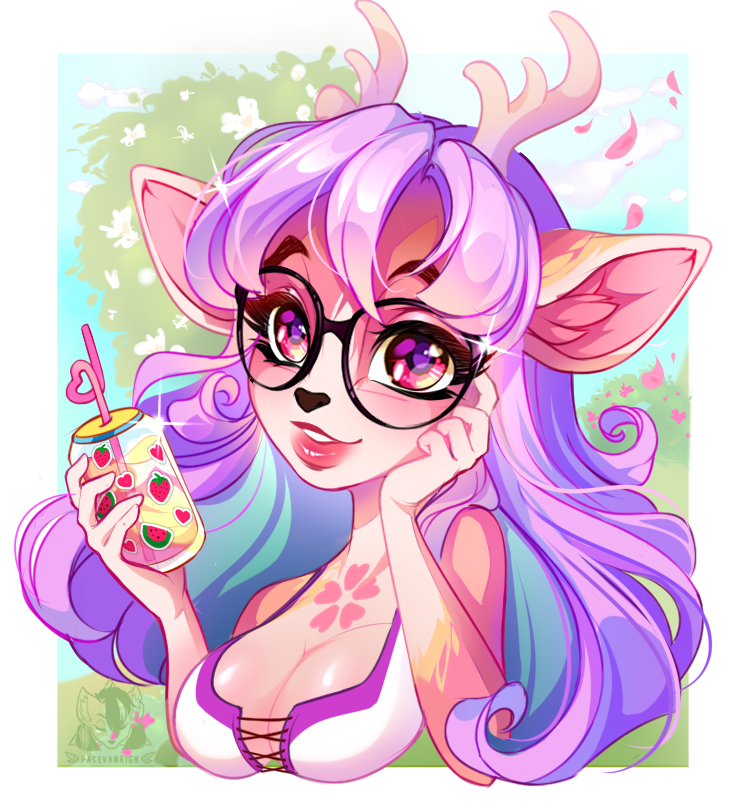 2021 5_fingers anthro antlers breasts cervid clothed clothing digital_media_(artwork) female fingers hair horn lac mammal pacevanrign purple_eyes purple_hair smile