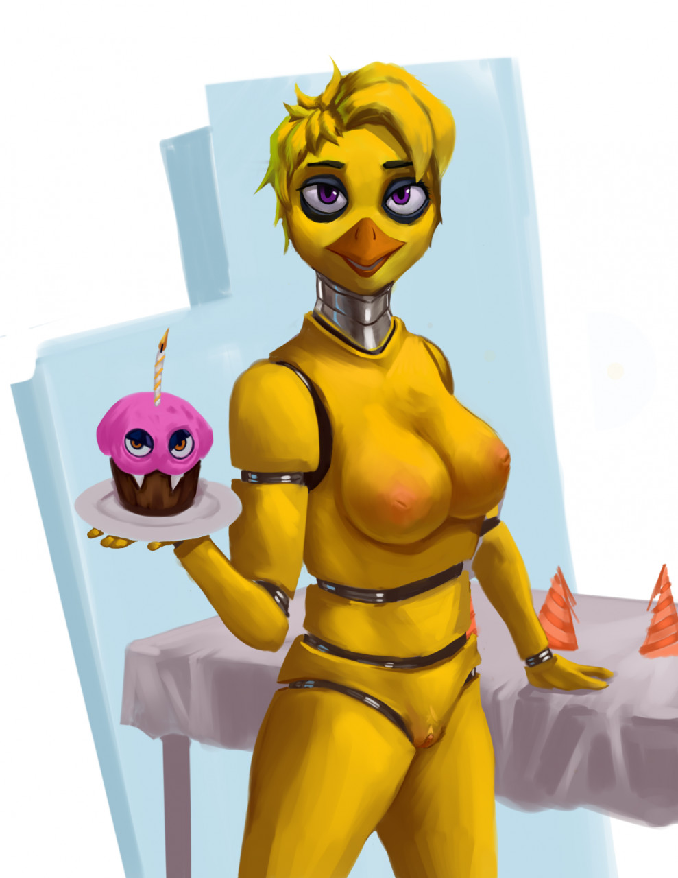 2021 animatronic anthro avian bird breasts chica_(fnaf) chicken duckhere female five_nights_at_freddy's furniture galliform gallus_(genus) genitals hi_res inverted_nipples machine nipples orange_eyes phasianid purple_eyes pussy robot table tablecloth video_games white_sclerea yellow_body
