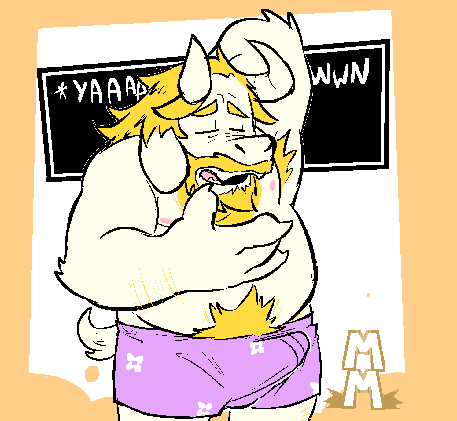 asgore_dreemurr beard belly blonde_hair boss_monster bovid bulge caprine clothed clothing facial_hair fur goat hair hi_res male mammal mustache nipples open_mouth pubes slightly_chubby solo topless torquewintress undertale undertale_(series) underwear video_games white_body white_fur yawn