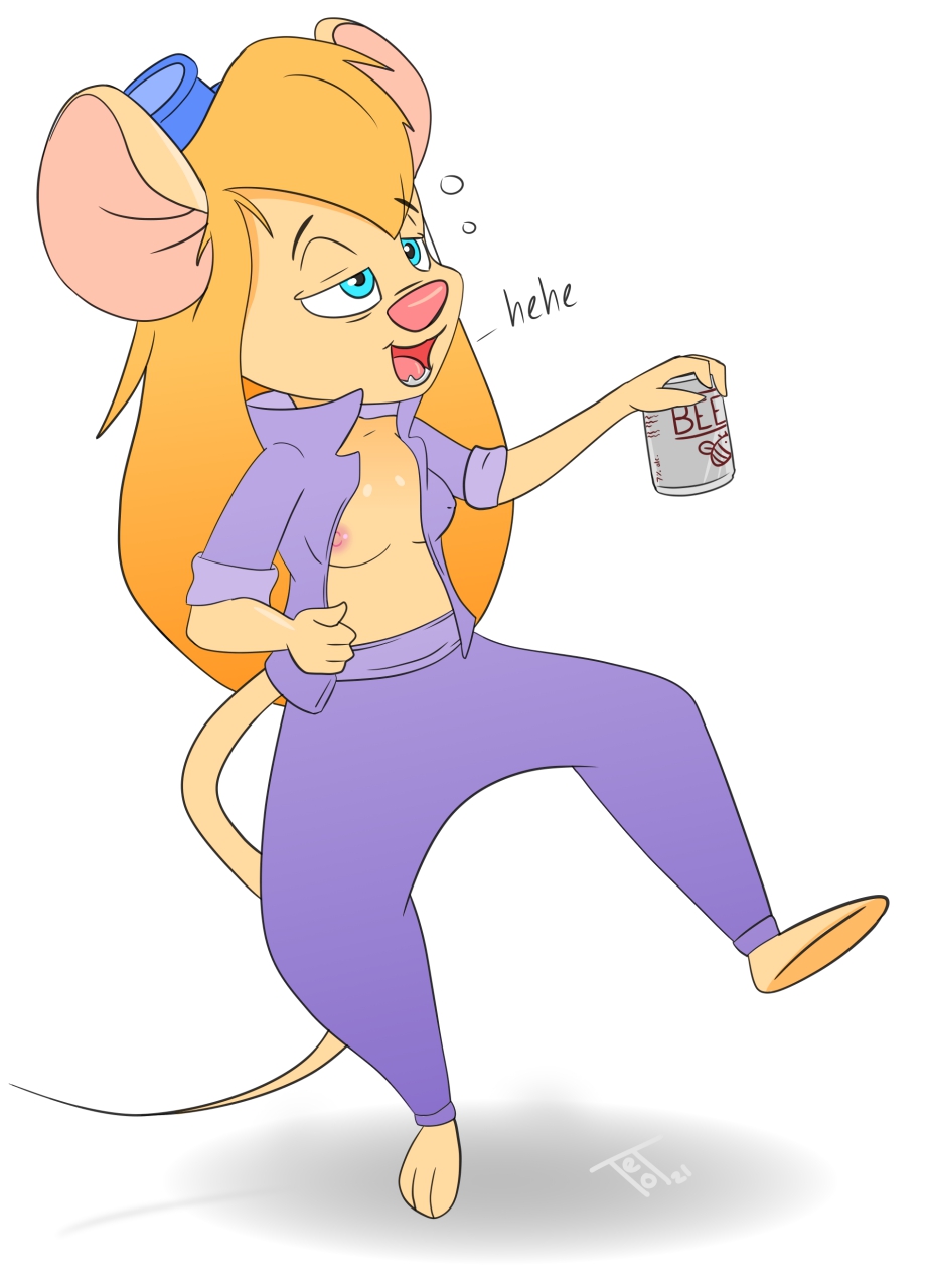 alcohol anthro balancing beer beverage chip_'n_dale_rescue_rangers disney drunk exhibitionism female gadget_hackwrench hi_res jumper mammal mouse murid murine nipple_slip rodent solo substance_intoxication teot tipsy