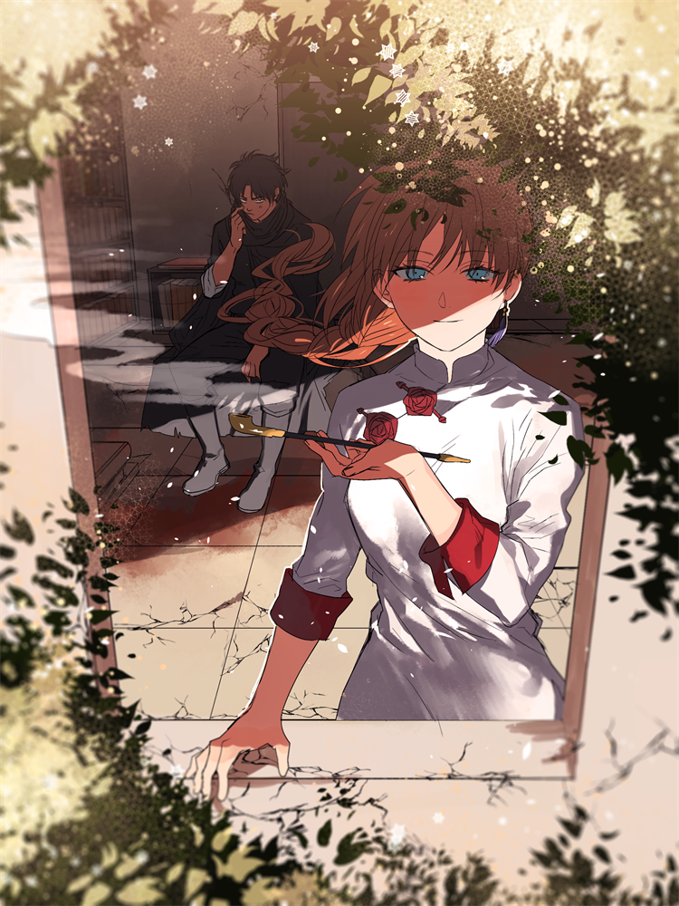 1boy 1girl bangs black_hair blue_eyes blurry boots braid braided_ponytail brown_hair cloak cracked_floor day depth_of_field earrings floating_hair from_outside frown gintama holding holding_pipe jewelry kiseru kouka_(gintama) long_hair long_sleeves looking_at_another looking_at_viewer looking_outside orange_hair pipe plant sennen_suisei shade shading single_braid single_earring sitting sleeves_rolled_up smile smoke smoking solo_focus standing star_(symbol) tassel tile_floor tiles toggles umibouzu_(gintama) window windowsill younger