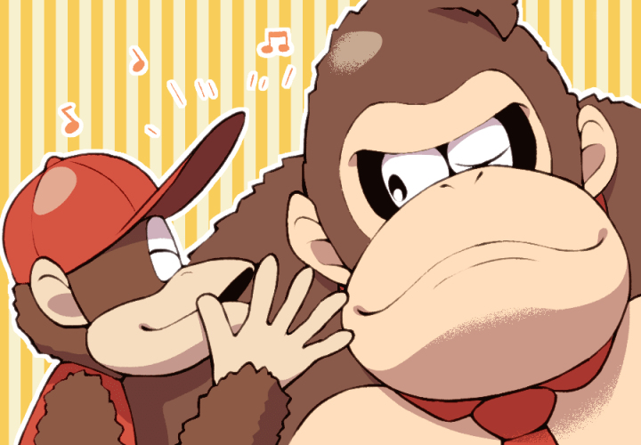 2boys ape baseball_cap closed_eyes diddy_kong donkey_kong donkey_kong_(series) donkey_kong_country furry furry_male hat male_focus minashirazu multiple_boys no_humans one_eye_closed patterned_background smile striped striped_background upper_body vertical_stripes whispering