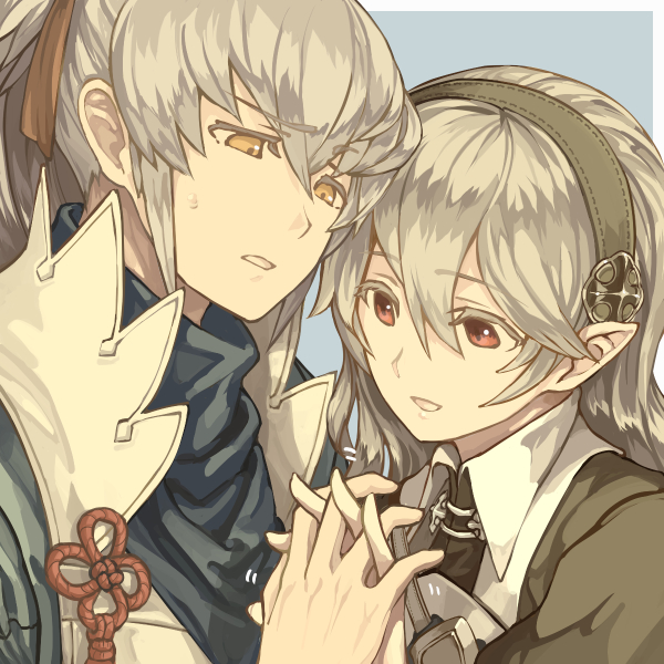 1boy 1girl :d black_hairband blue_background blue_shirt brother_and_sister close-up corrin_(fire_emblem) corrin_(fire_emblem)_(female) couple ears eyebrows_visible_through_hair eyelashes fire_emblem fire_emblem_fates furrowed_brow grey_hair hair_between_eyes hair_ribbon hairband hand_up harusame_(rueken) hetero high_collar high_ponytail holding_hands long_hair manakete motion_lines nervous open_mouth orange_eyes pointy_ears ponytail red_eyes red_ribbon ribbon shirt siblings sidelocks silver_hair simple_background smile standing sweatdrop takumi_(fire_emblem) tassel tied_hair upper_body