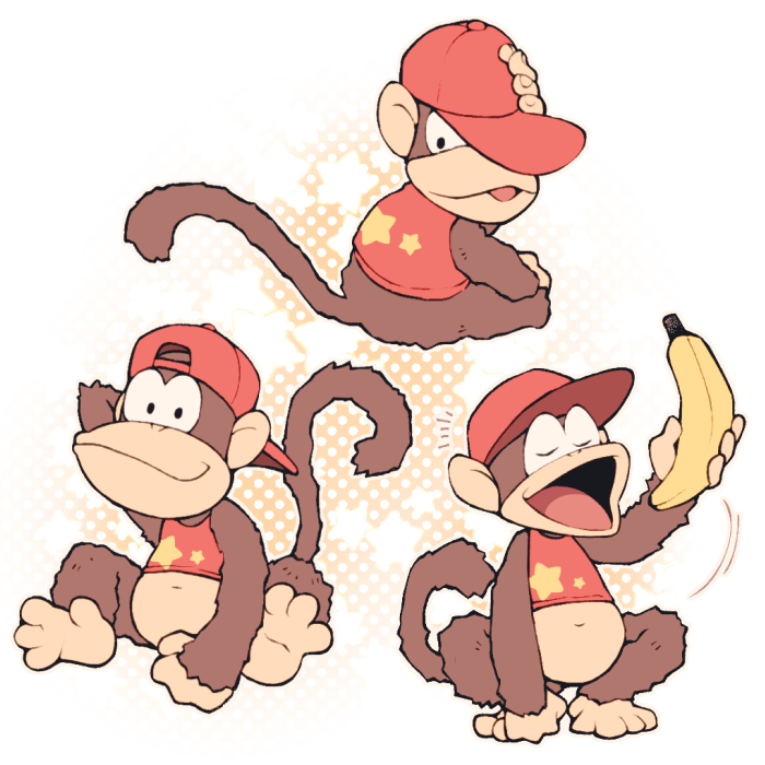 banana baseball_cap diddy_kong donkey_kong_(series) donkey_kong_country dual_persona food fruit furry furry_male hat minashirazu no_humans smile