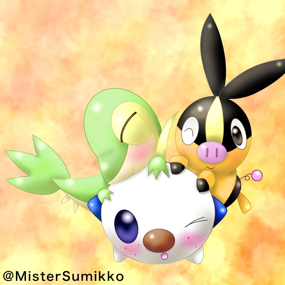 :o ;) artist_name blush closed_mouth commentary_request looking_at_viewer mistersumikko no_humans one_eye_closed oshawott pokemon pokemon_(creature) smile snivy starter_pokemon_trio tepig