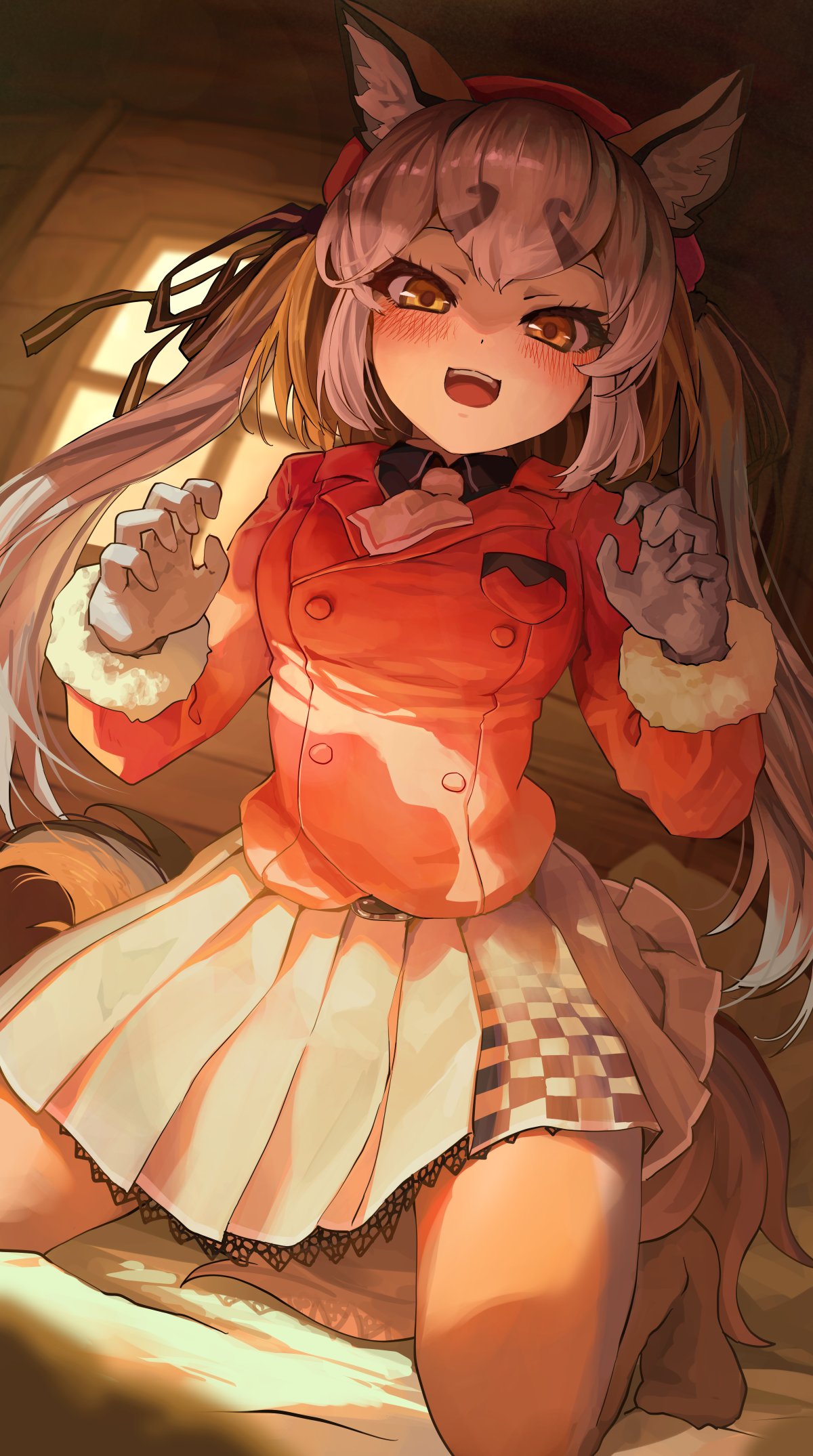 beret black_shirt blush collared_shirt commentary_request eyebrows_visible_through_hair fur_trim gloves grey_gloves grey_hair grey_legwear grey_skirt hat highres island_fox_(kemono_friends) jacket kemono_friends long_hair long_sleeves looking_at_viewer melaton multicolored_hair necktie no_shoes official_alternate_costume open_mouth orange_eyes orange_hair orange_headwear orange_jacket orange_legwear pantyhose pleated_skirt pov shirt skirt twintails two-tone_hair two-tone_legwear virtual_youtuber white_fur white_necktie