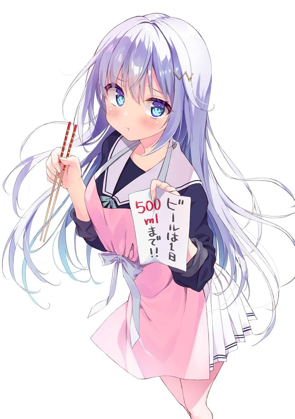 1girl :t apron bangs black_serafuku blue_eyes blush bow breasts chopsticks closed_mouth commentary_request eyebrows_visible_through_hair feet_out_of_frame hair_ornament hands_up highres holding holding_chopsticks holding_paper hoshizaki_aira long_hair long_sleeves looking_at_viewer medium_breasts miniskirt musume_no_mama_ja_oyome-san_ni_narenai! novel_illustration official_art paper pink_apron pleated_skirt ryouka_(suzuya) sailor_collar school_uniform serafuku shiny shiny_hair silver_hair simple_background skirt sleeves_rolled_up solo straight_hair translated very_long_hair white_background white_sailor_collar white_skirt
